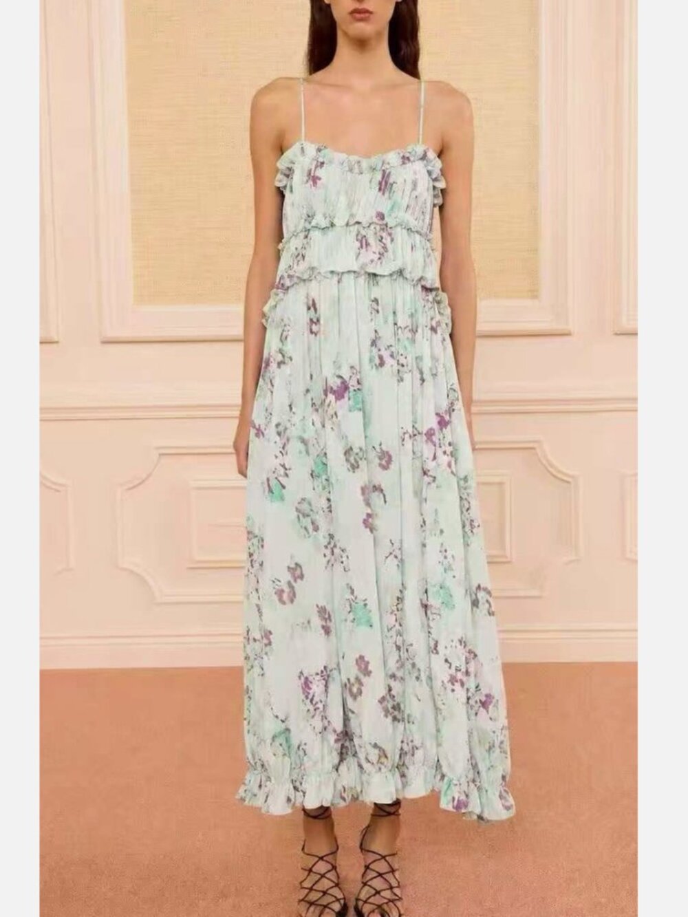 Ulla Johnson Clove Silk Maxi Dress US4/6 Ruched Oasis Green Floral Party Wedding